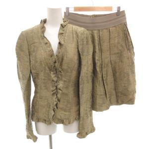 セットアップ スーツ ジャケット スカート リネン シルク混 総柄 フリル ひざ丈 40 42 茶 ブラウン系