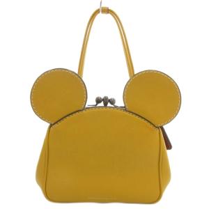 ×Disney ミッキー キスロック ハンドバッグ レザー 黄 イエロー がま口 ステッチ 10215