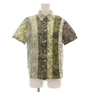 リバティプリントパッチワークブラウス 半袖 花柄 ペイズリー柄 38 モスグリーン /UO