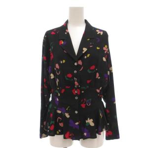 DONNA シャツ 絹 シルク 38 黒 ブラック 総柄 長袖 ペプラムデザイン /UO