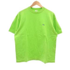 Tシャツ S 蛍光グリーン クルーネック 半袖 しゃけクマ刺繍 /UO