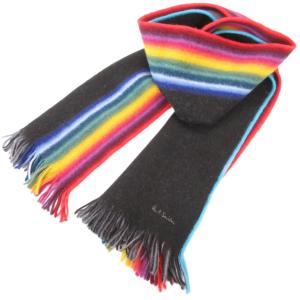 ストライプ リバーシブル マフラー ウール フリンジ ドイツ製 ブラック グレー マルチカラー /UO