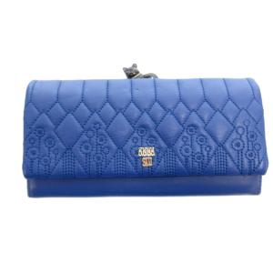 長財布 ウォレット がま口 ステッチ キルティング ロゴ 猫 レザー 青 ブルー /FF