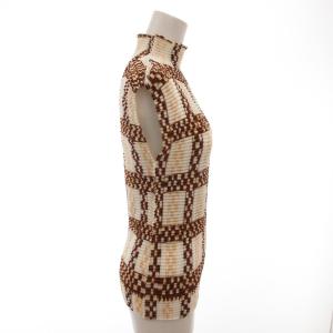 ISSEY MIYAKE カットソー プリーツ ポップコーン ノースリーブ ハイネック 総柄 M 茶 白 オレンジ /FF