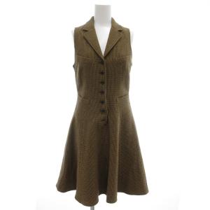 ノースリーブワンピース ひざ丈 フレア ウール チェック 7 茶 ブラウン /GV