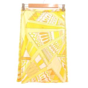 スカート 絹 シルク I40 黄 イエロー 総柄 ひざ丈 /UO