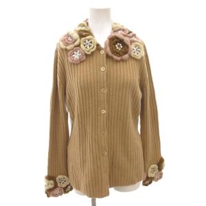 カーディガン マフラー 2点セット まとめて ニット 花モチーフ ビジュー ウール 46 ベージュ /FF