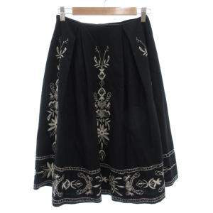 SYBILLA フレアスカート ひざ丈 タック ウール 刺繍 M 黒 ブラック 白 ホワイト /GV