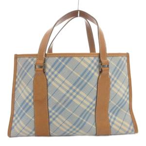 ハンドバッグ トート チェック レザー キャンバス ライトブルー 茶 ブラウン /GV