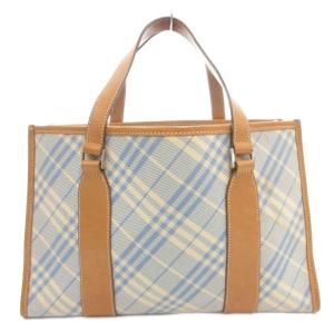 BURBERRY BLUE LABEL ハンドバッグ トート チェック レザー キャンバス ライトブルー 茶 ブラウン /GV
