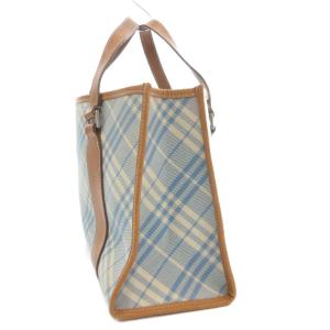 BURBERRY BLUE LABEL ハンドバッグ トート チェック レザー キャンバス ライトブルー 茶 ブラウン /GV