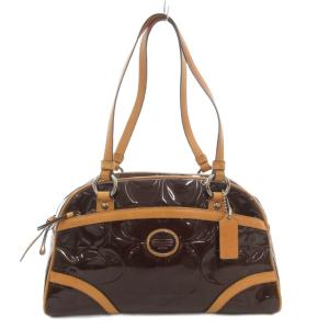 F20065 シグネチャー ペイトン エンボスド ミニボストン ハンドバッグ ロゴ レザー エナメル 茶