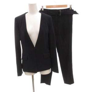 バックサテンストレッチ セットアップ スーツ ノーカラージャケット テーパードパンツ S 紺 ネイビー