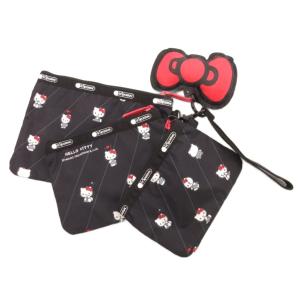 × ハローキティ 美品 ポーチ3連 リボン 黒 ブラック /JS