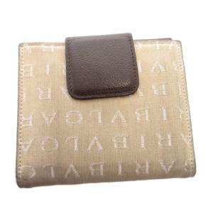 BVLGARI ロゴマニア 二つ折り財布 ウォレット キャンバス レザー ベージュ ブラウン /FF