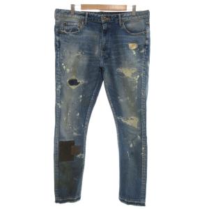 デニムパンツ ジーンズ テーパード ジップフライ ストレッチ リペア加工 ダメージ加工 XL インディゴブルー