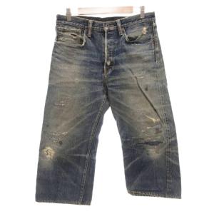 LEGS デニムパンツ ジーンズ クロップド リペア加工 ダメージ加工 ボタンフライ 3 L インディゴ
