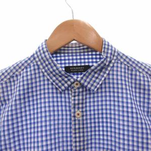 BURBERRY BLACK LABEL シャツ プルオーバー 半袖 ギンガムチェック ホースロゴ リネン混 2 青 ブルー /FF