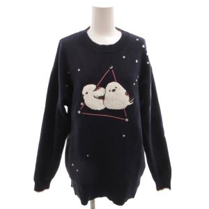 シマエナガ スターリースカイ ウォッシャブルニット セーター クルーネック バード刺繍 長袖 S 紺 ネイビー