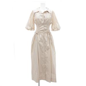 美品 ワンピース シャツ ロング 半袖 ストライプ 0 ベージュ グレー /MG
