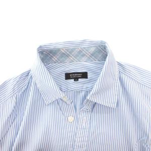 BURBERRY BLACK LABEL シャツ 長袖 ストライプ 襟チェック ロゴ 3 白 ホワイト 青 ブルー /MG