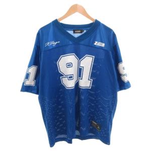 FOOTBALL JERSEY Tシャツ カットソー メッシュ 半袖 ロゴ プリント Vネック XL 青
