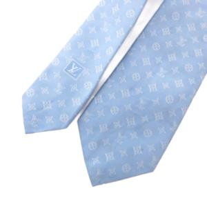 LOUIS VUITTON ネクタイ ナロータイ シルク 絹 モノグラム ロゴ 総柄 水色 ライトブルー /FF