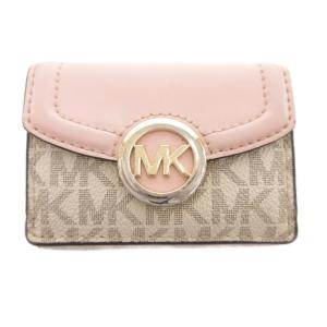 三つ折り財布 MKロゴ 総柄 レザー ベージュ ピンク /MG