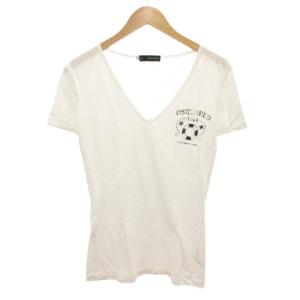 Tシャツ カットソー 半袖 Vネック プリント ダメージ加工 L 白 ホワイト /JS