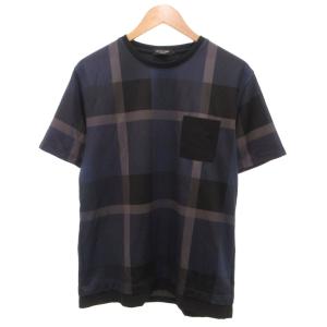 Tシャツ 半袖 チェック 胸ポケット L 紺 ネイビー 黒 ブラック /JS