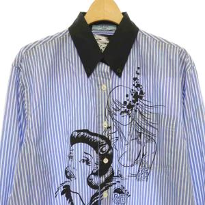 PRADA シャツ 長袖 ストライプ コミックプリント BD ボタンダウン 44 青 ブルー /HS
