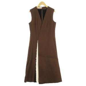 15AW ワンピース ノースリーブ ロング Vネック スリットデザイン ウール混 茶 ブラウン 38