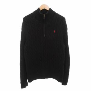 ニット セーター 長袖 XL ハイネック ハーフジップ ケーブル編み コットン ロゴ 刺繍 黒 ブラック