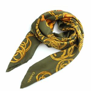 CHANEL スカーフ チェーン柄 ココマーク シルク100％ カーキ