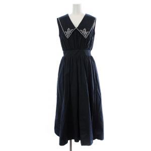 20SS フレアワンピース ロング ノースリーブ ビッグカラー 刺繍 1 S ネイビー