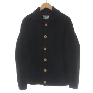 カーディガン ケーブルニット 長袖 ウッドボタン 襟あり ウール M ブラック