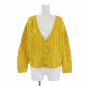 18AW ニットカーディガン 長袖 Vネック ケーブル ウール混 36 S 黄 イエロー 3844 3138-0