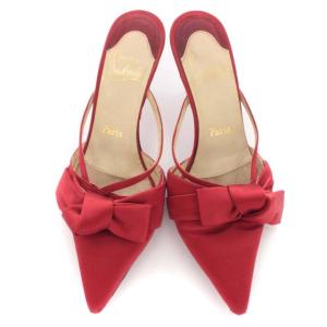 Christian Louboutin ミュール ピンヒール リボン ポインテッドトゥ サテン 靴 シューズ 37.5 24.5cm 赤 レッド D