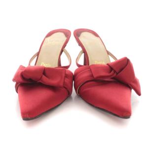 Christian Louboutin ミュール ピンヒール リボン ポインテッドトゥ サテン 靴 シューズ 37.5 24.5cm 赤 レッド D