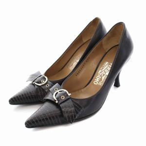 パンプス ヒール ポインテッドトゥ ベルト リボン レザー 7 24cm 黒 ブラック