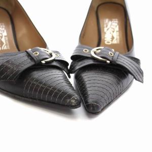 Salvatore Ferragamo パンプス ヒール ポインテッドトゥ ベルト リボン レザー 7 24cm 黒 ブラック