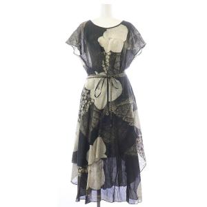 セットアップ 上下 カットソー ラップスカート アシンメトリー フレンチスリーブ ロング リボン 総柄 M 黒 ブラック グレー