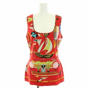 タンクトップ カットソー ノースリーブ 総柄 L 赤 レッド オレンジ 水色 ライトブルー