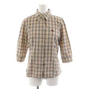 ノバチェック ブラウス シャツ 7分袖 コットン 38 M ベージュ 黒 ブラック 赤 レッド