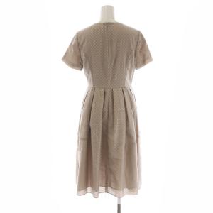 OLD ENGLAND タックフレアワンピース ミモレ ロング 半袖 Uネック ドット チュール シアー 36 S ベージュ 白 ホワイト