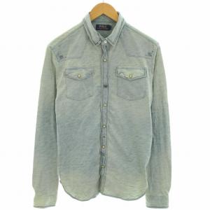 ウエスタンシャツ シャンブレーシャツ スタンダードカラー 長袖 刺繍 ステッチ USED加工 S 水色 ライトブルー 紫 パープル