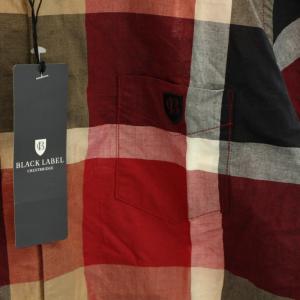 BLACK LABEL CRESTBRIDGE シャツ スタンダードカラー 長袖 チェック柄 ロゴ刺繍 タグ付き 麻混 リネン混 M 赤 レッド 茶 ブラウン 黒 ブラック
