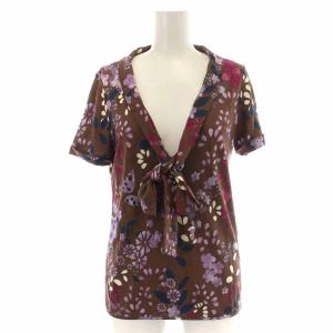 カットソー 花柄 リボン 半袖 S 茶 ブラウン