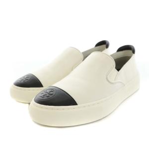 TORY BURCH スニーカー スリッポン シューズ レザー ロゴ型押し 7M 24.0cm 白 ホワイト 黒 ブラック S0516