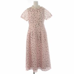 22SS 衿付き小花柄ワンピース フレア 半袖 ミモレ ロング シアー ウエストゴム 38 M ピンク